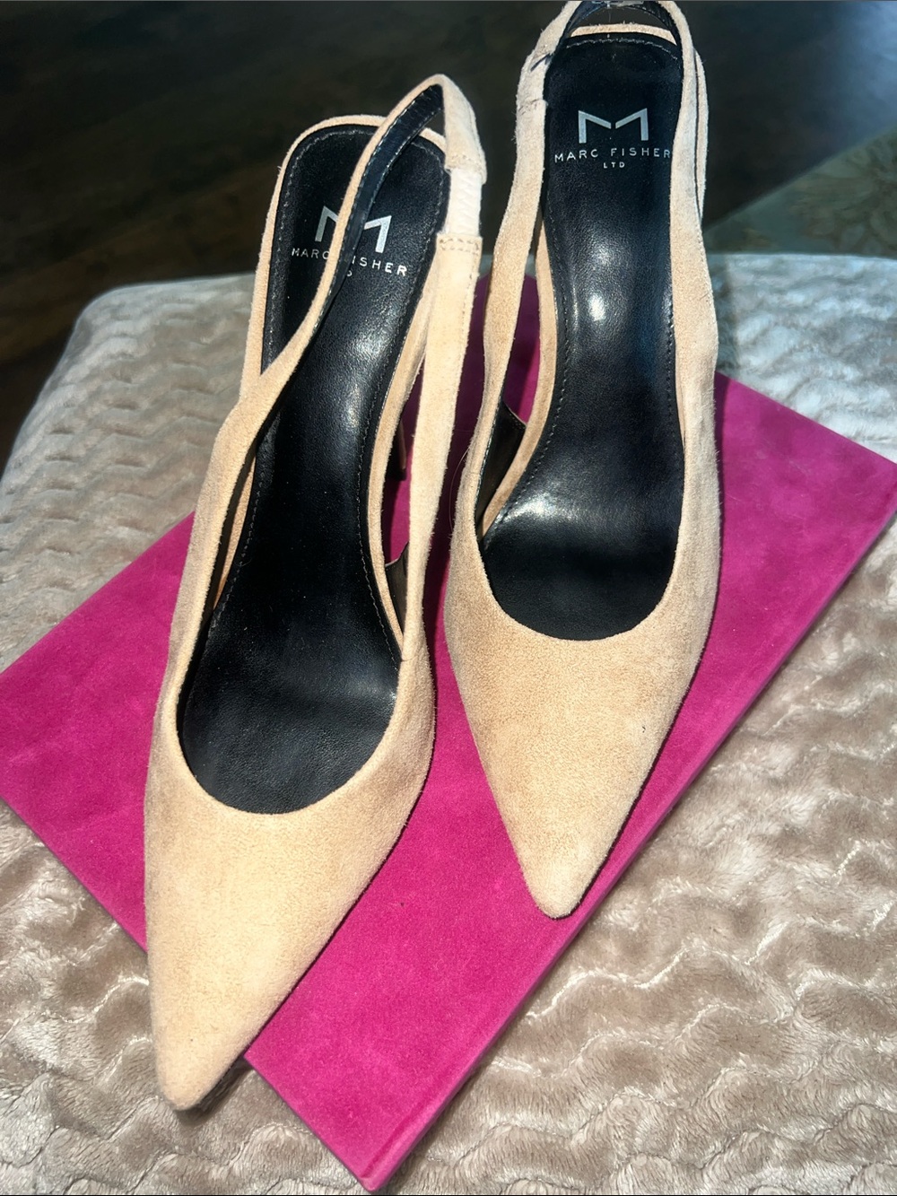 Marc Fisher Beige Suede Pointed-Toe Slingback Heels